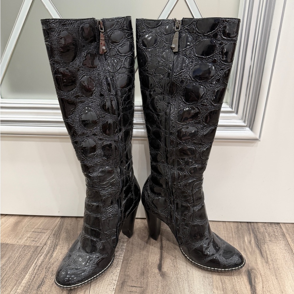 Baldinini Glossy Black Croc-Embossed Heeled Boots
